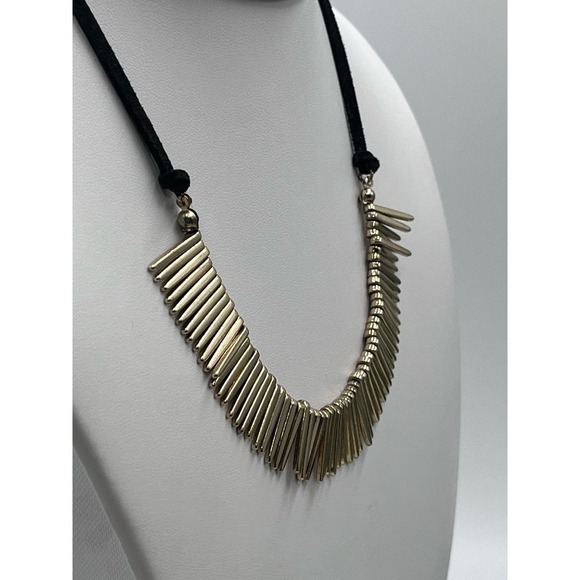 Natasha Gold Tone Spikes Dangles Black Leather Necklace - Picture 4 of 13